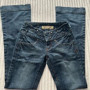 Hint jeans low rise waist rhinestone embellished flare leg distressed dark wash